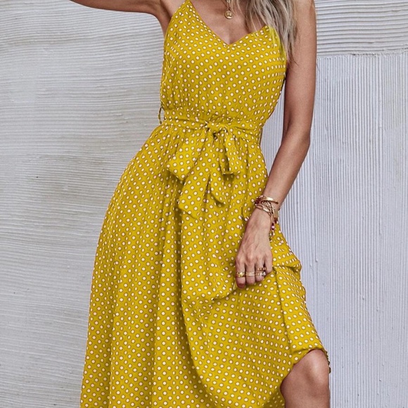 Boho Polka Dot Belted V neck Cami Dress Yellow - Picture 12 of 12